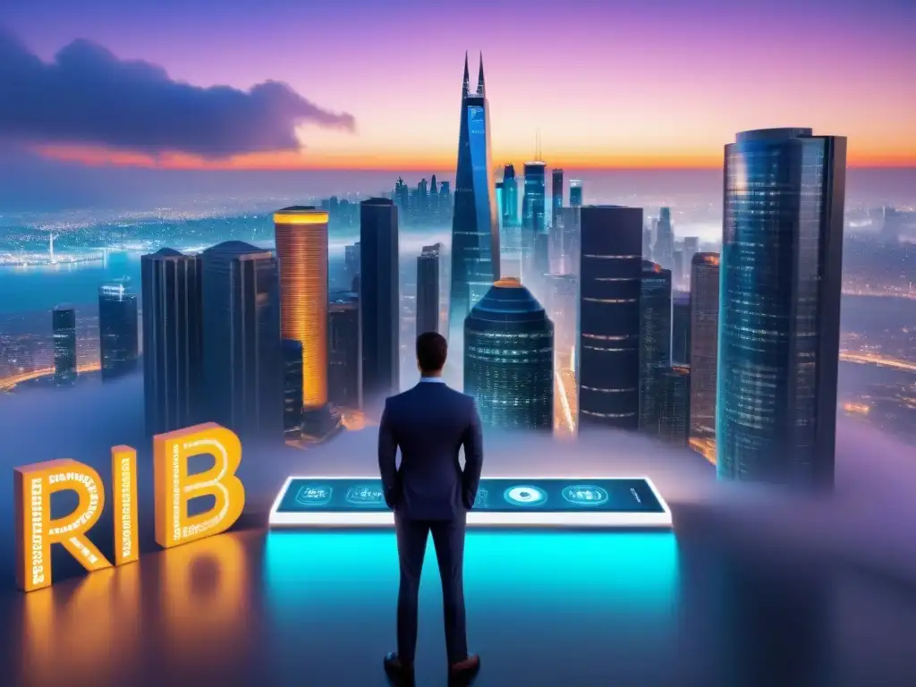Innovación financiera: skyline futurista con criptomonedas y NFT Un skyline futurista al atardecer con rascacielos iluminados por criptomonedas