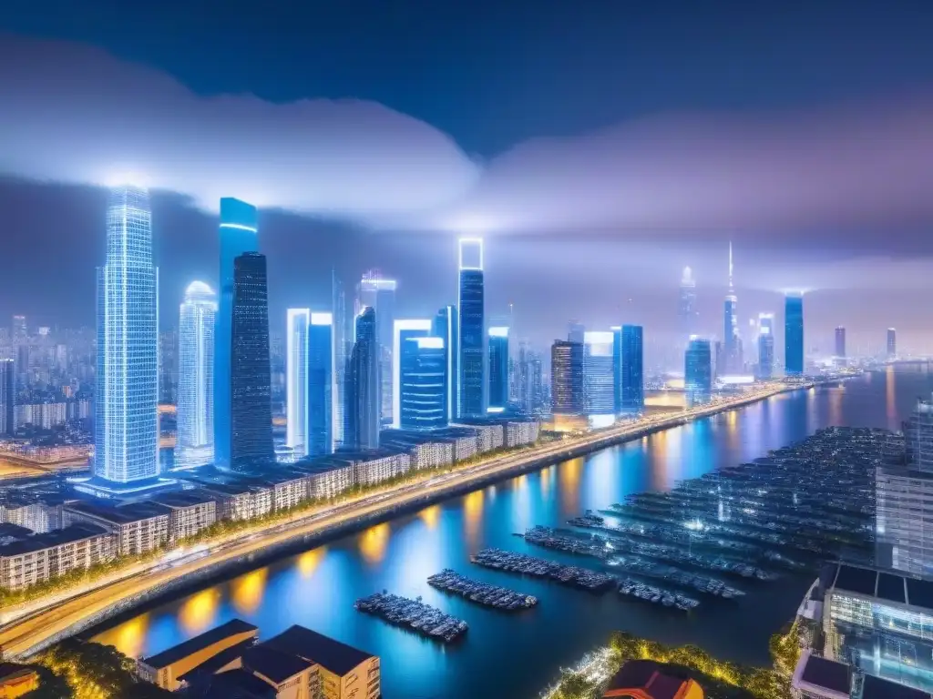 Metrópolis futurista: fusión de tecnología y bienes raíces Skyline futurista de la ciudad de noche con tecnología en fusiones inmobiliarias internacionales