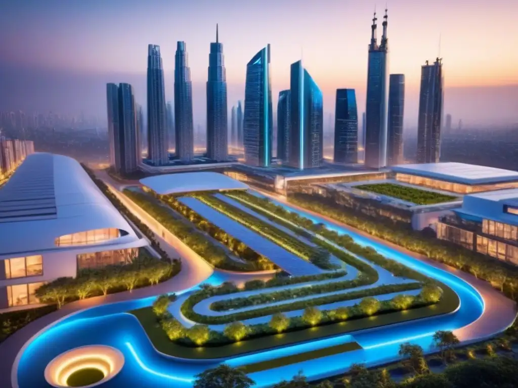 Metrópolis sostenible: luces LED iluminan rascacielos ecológicos Skyline futurista ecoamigable con normativas ambientales mercado inmobiliario global