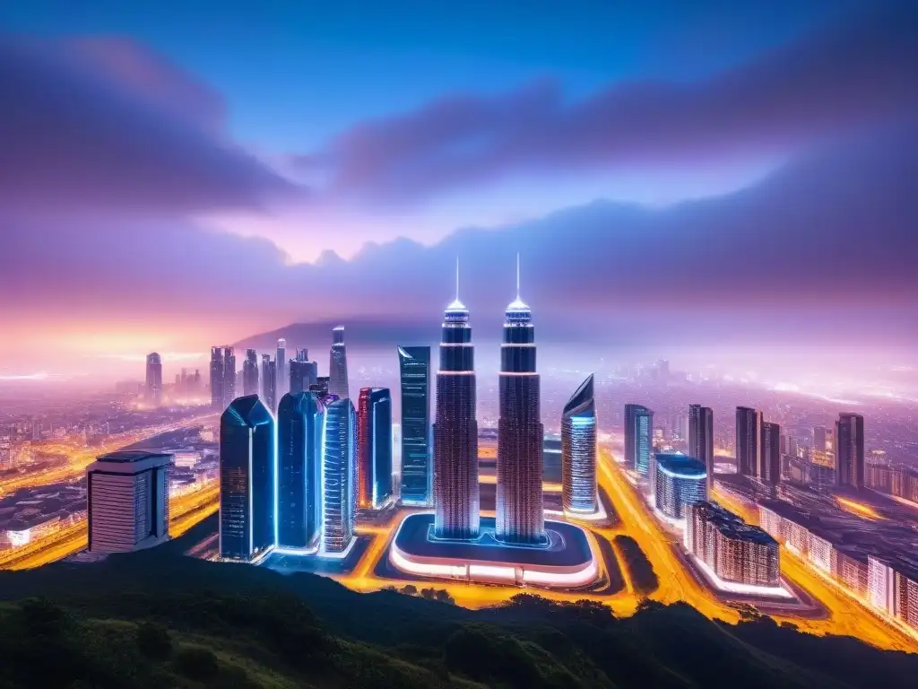 Horizonte futurista: rascacielos AI en metrópolis Un skyline futurista al anochecer con edificios inteligentes AI en mercado inmobiliario
