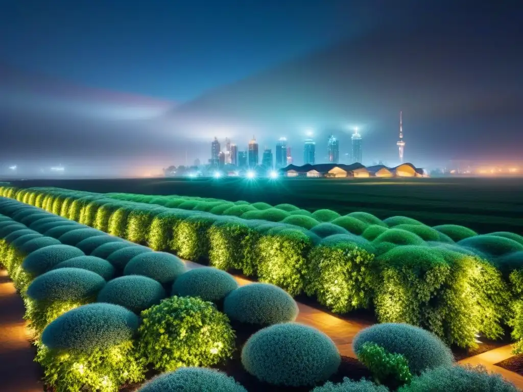 Metrópolis futurista: edificios verdes iluminados con LED Skyline futurista de edificios verdes internacionales iluminados por luces LED energéticamente eficientes en la noche