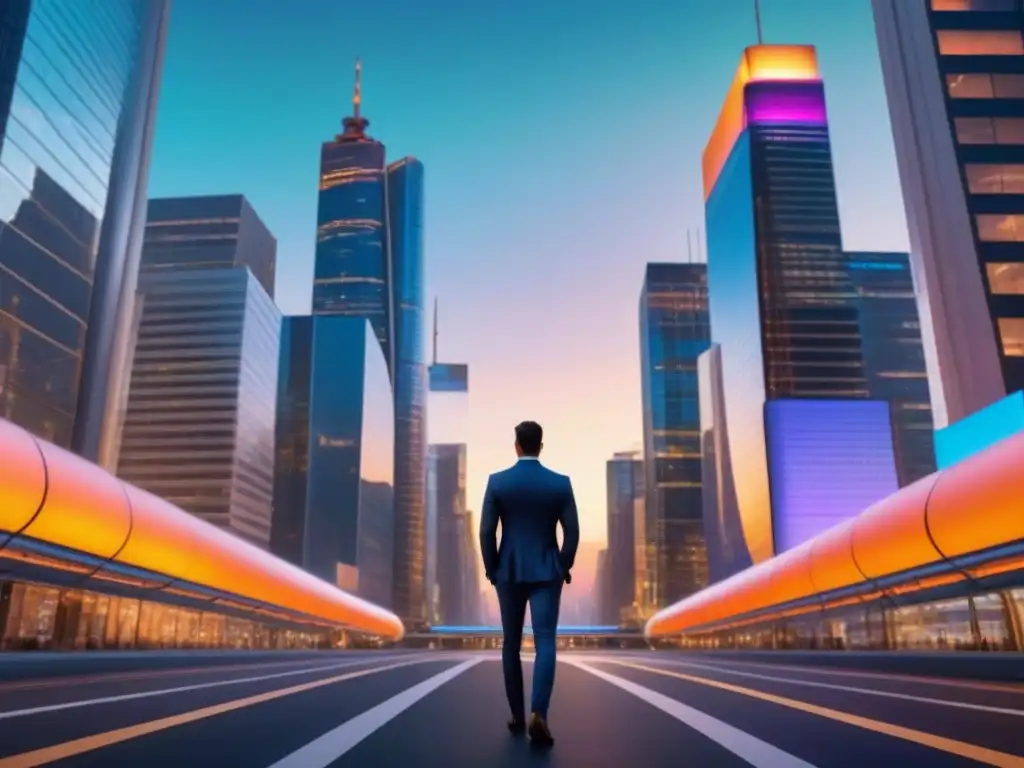 Skyline futurista: ciudad tecnológica en atardecer Un skyline futurista con rascacielos de cristal iluminados al atardecer