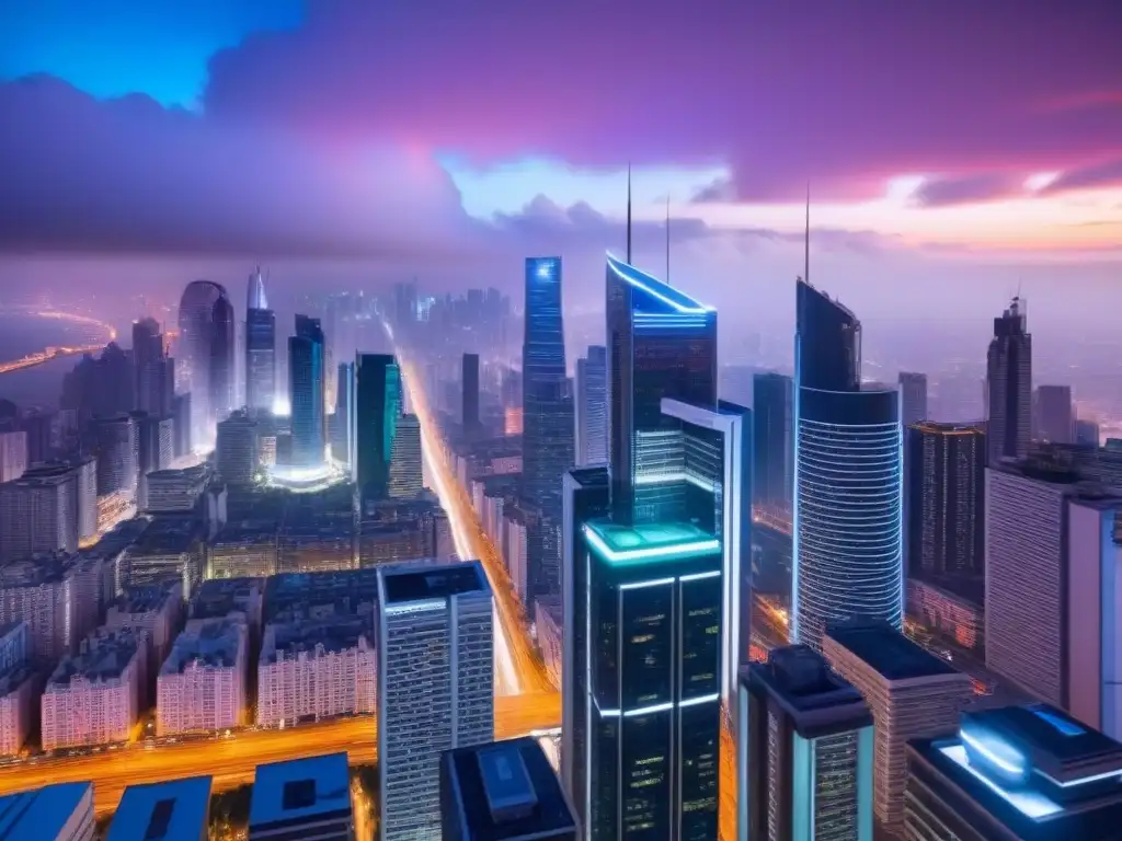 Metrópolis futurista con anuncios inmobiliarios digitales Skyline futurista con rascacielos iluminados por anuncios digitales en una ciudad vibrante de noche