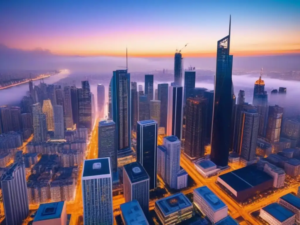 Metrópolis futurista: rascacielos brillantes y drones en acción Un skyline futurista con rascacielos iluminados por luces de la ciudad, reflejando el potencial de mercados inmobiliarios emergentes