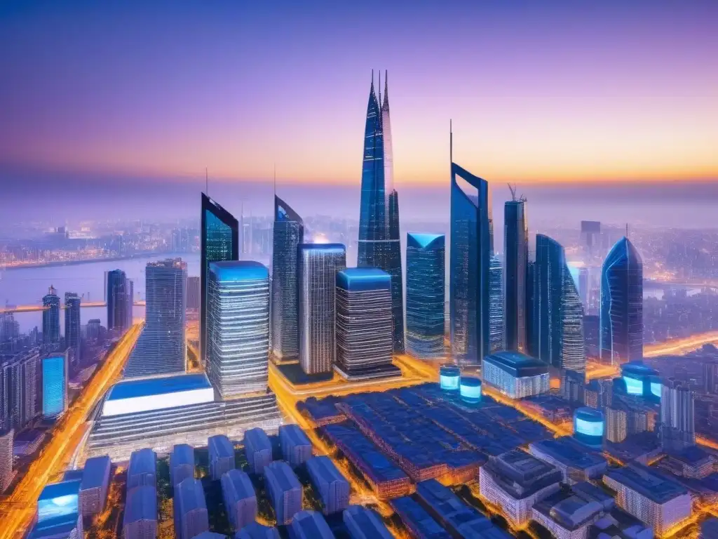 Horizonte futurista con Big Data en la predicción inmobiliaria Un skyline futurista con rascacielos iluminados y datos digitales, reflejando la integración de Big Data en tendencias inmobiliarias globales