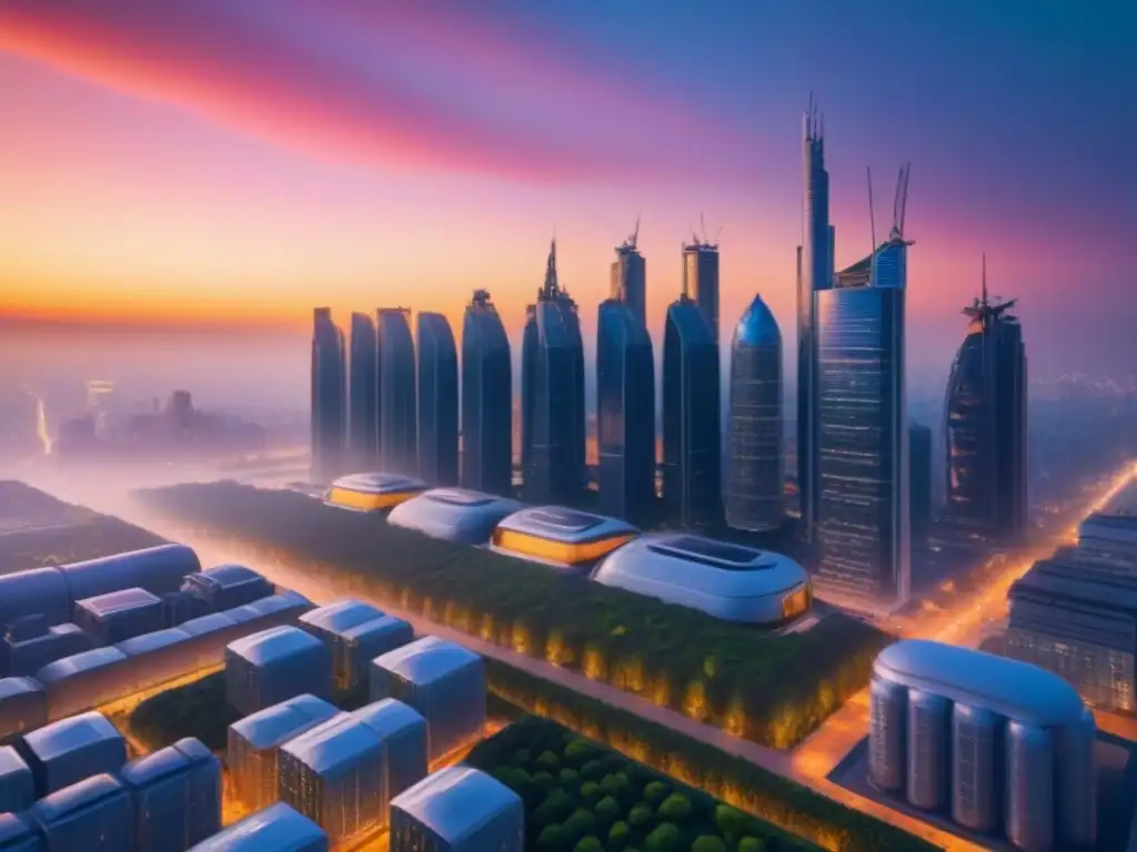 Metrópolis futurista con arquitectura innovadora y sostenible Skyline futurista con rascacielos innovadores y sostenibles, reflejo de normativas construcción mercado inmobiliario internacional