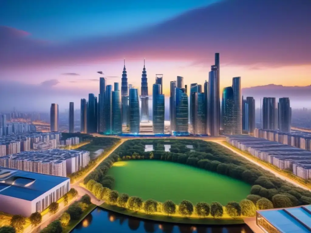Horizonte urbano futurista: diseño innovador y sostenible en 8k Un skyline futurista con rascacielos innovadores y sostenibles iluminados por LED