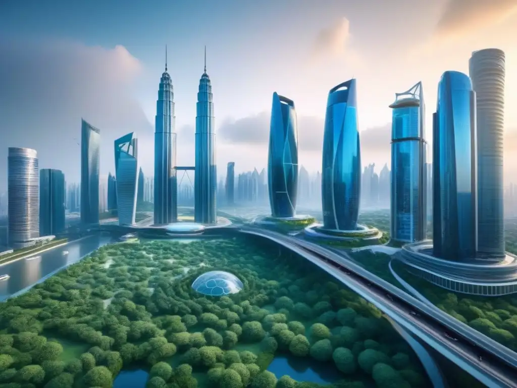 Horizonte futurista: fusión de naturaleza y tecnología Un skyline futurista con rascacielos interconectados, transporte avanzado y vegetación, simbolizando la fusión de naturaleza y tecnología en el Mercado inmobiliario global Franja Ruta