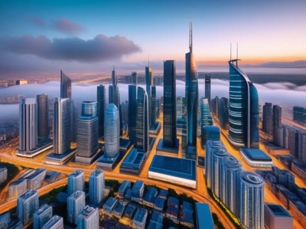 Metrópolis futurista: migración tecnológica en tiempo real Un skyline futurista con rascacielos interconectados y tecnología avanzada mostrando el impacto migratorio en el mercado inmobiliario