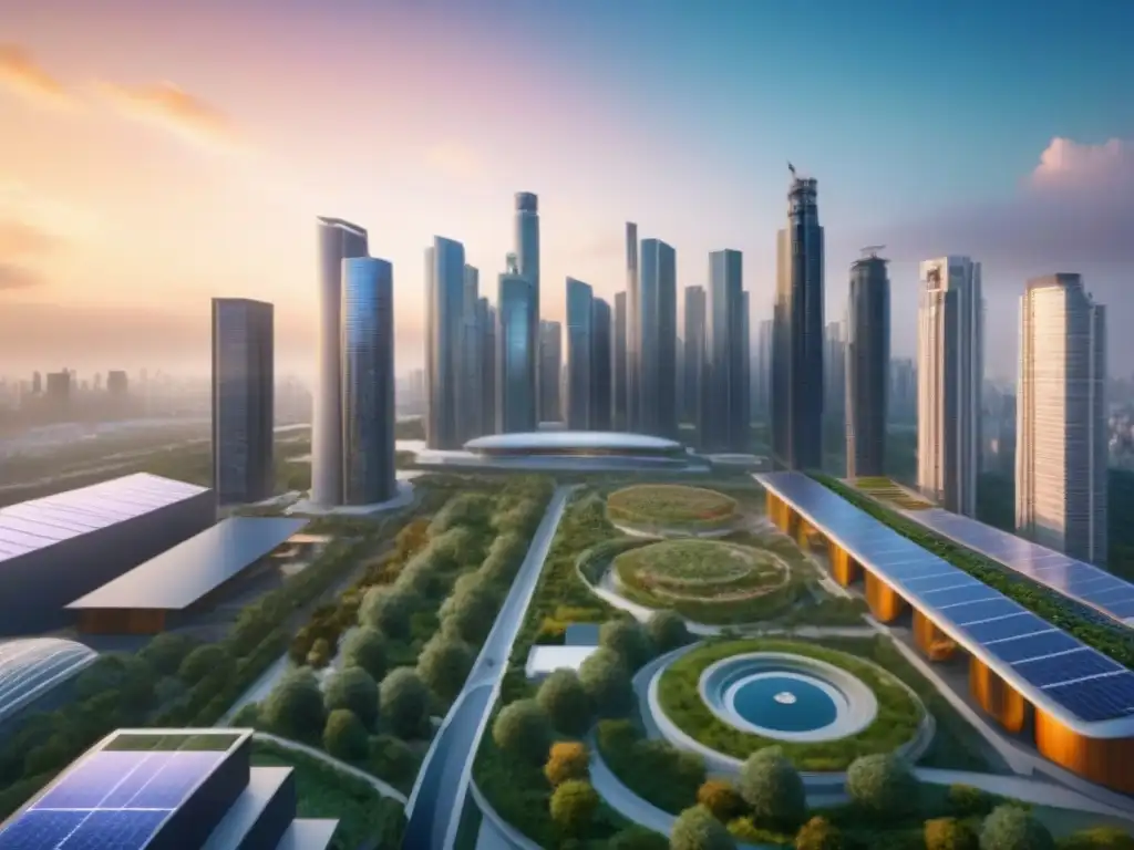 Horizonte urbano sostenible: ciudad futurista en armonía con la naturaleza Un skyline futurista con rascacielos sostenibles en una ciudad vibrante al atardecer, simbolizando la inversión inmobiliaria sostenible internacional