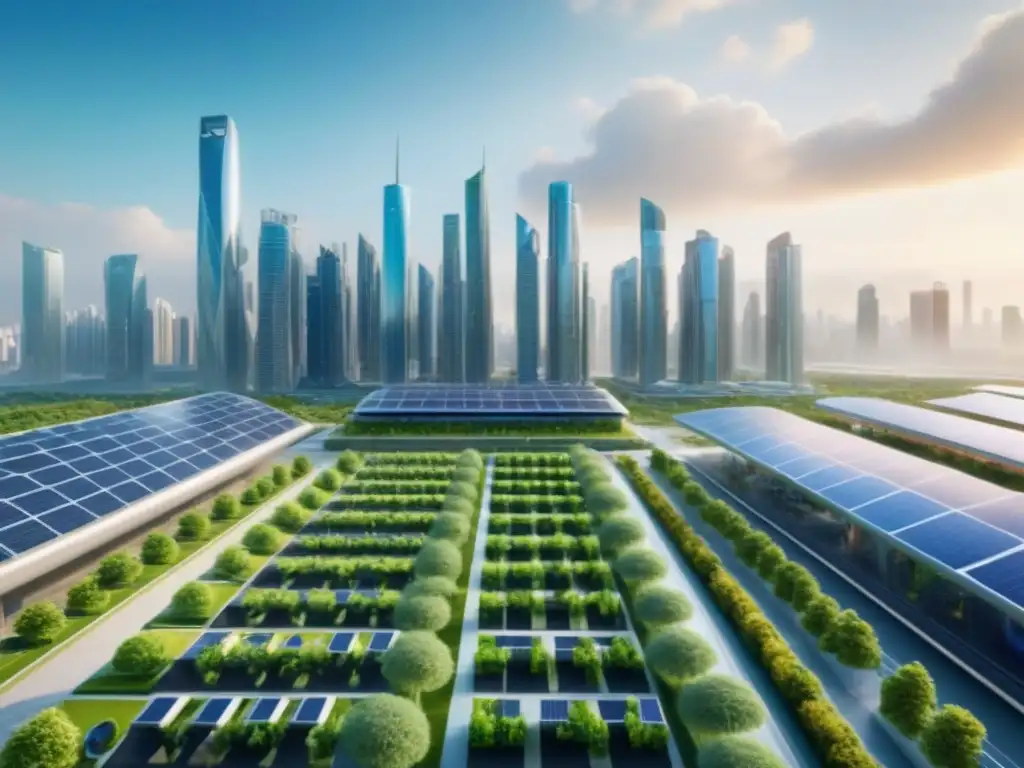 Metrópolis sostenible del futuro: armonía urbana y eco Un skyline futurista y sostenible con rascacielos modernos, jardines en azoteas y paneles solares