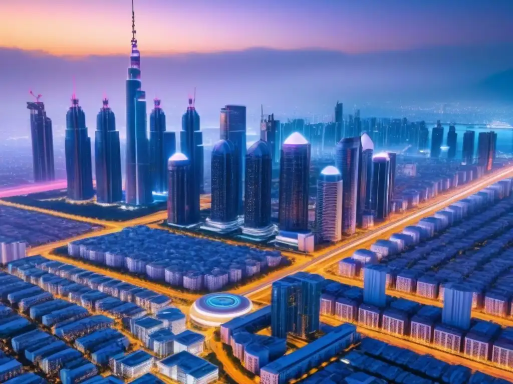 Horizonte futurista: Ciudad inteligente en ultradetalle 8k Un skyline futurista y tecnológico con edificios de alta tecnología y drones, mostrando la transformación del mercado inmobiliario en transición