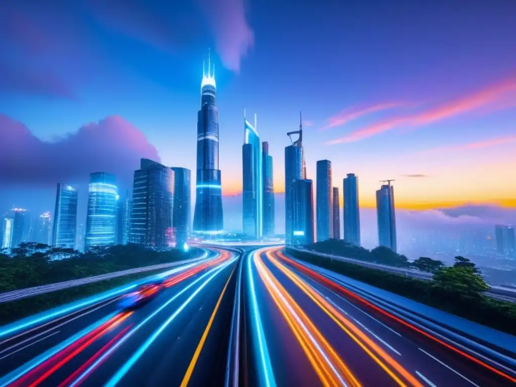 Metrópolis futurista: innovación y modernidad en una ciudad emergente Un skyline futurista y vibrante al atardecer, con rascacielos iluminados, autopistas y proyecciones holográficas