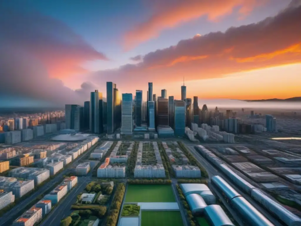 Horizonte urbano sostenible al atardecer: arquitectura innovadora en 8k Un skyline moderno y sostenible durante un vibrante atardecer