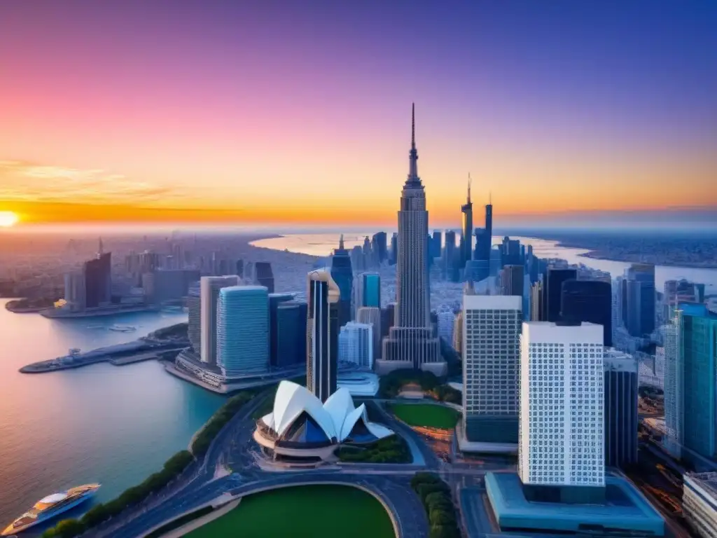 Inversiones en bienes raíces globales: horizonte icónico al atardecer Skyline mundial con emblemáticos monumentos al atardecer, ideal para financiamiento inversión inmobiliaria internacional