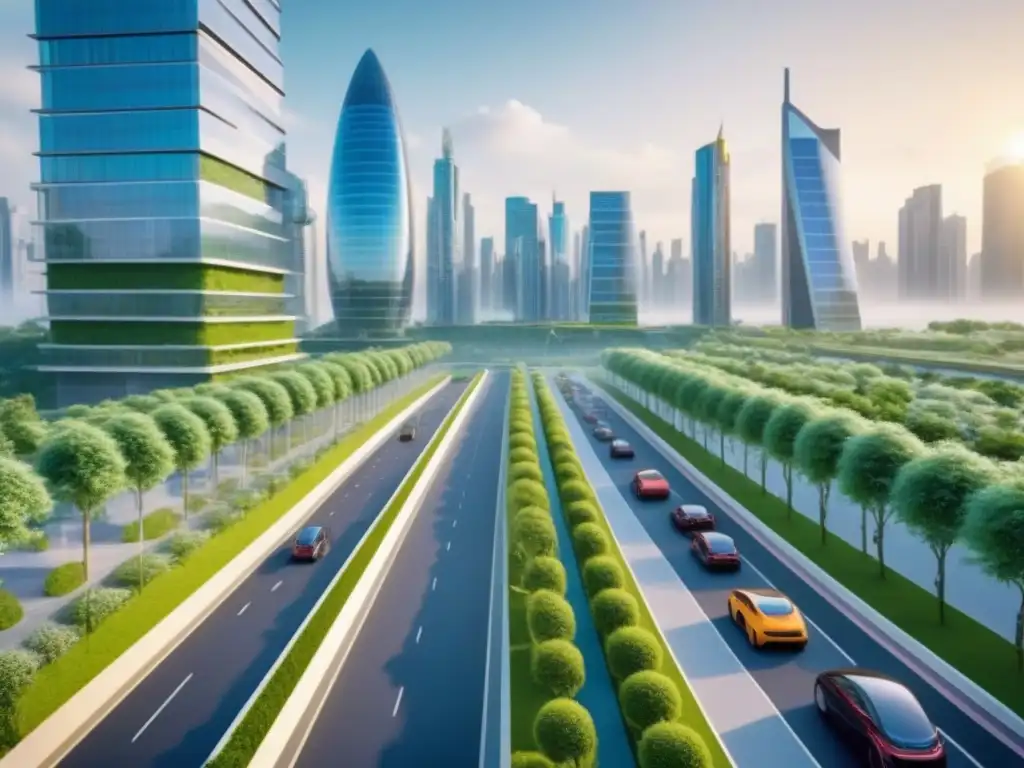 Horizonte urbano sostenible: visión futurista en 8k Un skyline urbano futurista con edificios sustentables y áreas verdes, reflejando el impacto de normativas ambientales en la rentabilidad inmobiliaria