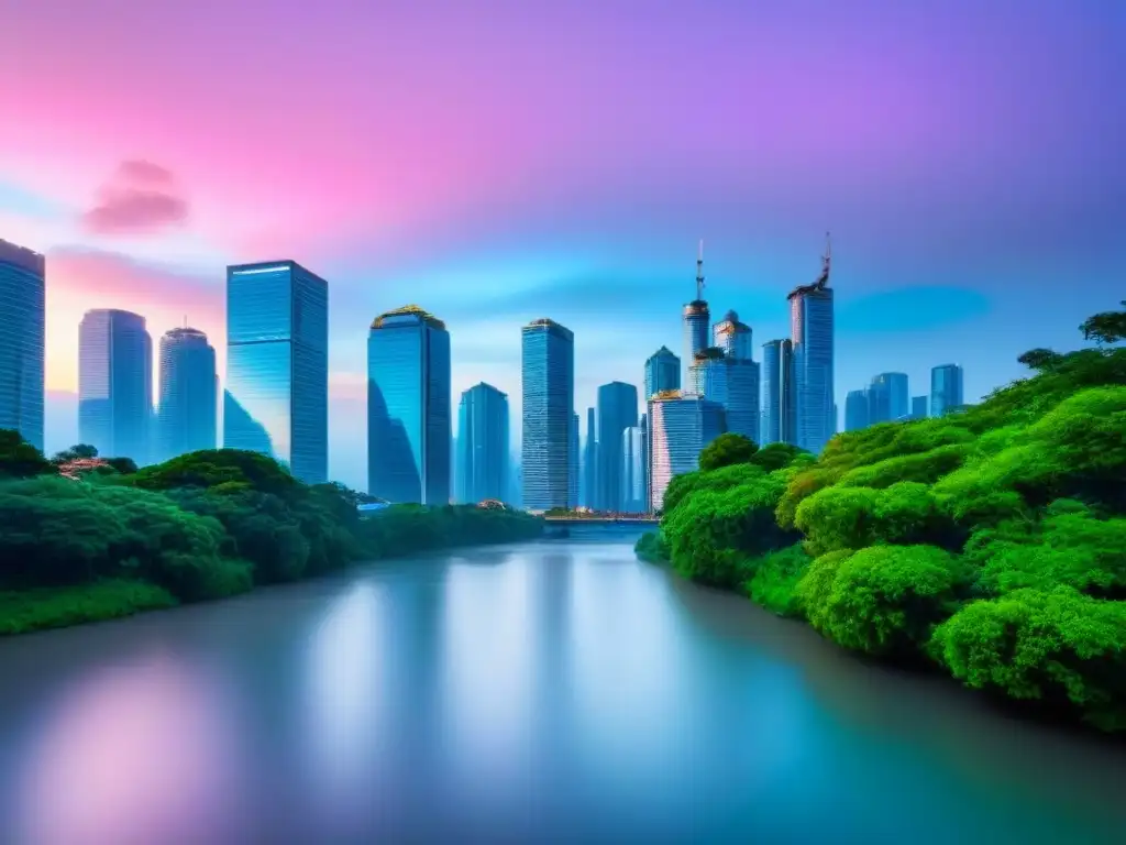 Horizonte urbano vibrante al anochecer Skyline urbano futurista iluminado con luces coloridas sobre un río sereno, simbolizando joyas ocultas mercado inmobiliario