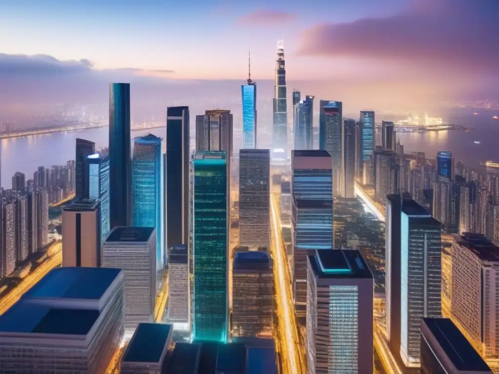 Horizonte urbano: inversión inmobiliaria global con monedas locales Un skyline urbano futurista con luces brillantes y monedas locales integradas en los rascacielos