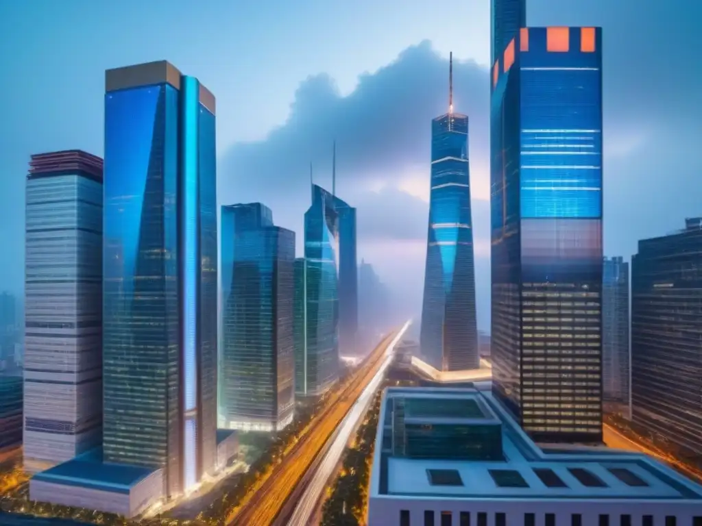 Metrópolis futurista: blockchain revoluciona bienes raíces Skyline urbano con hologramas blockchain, luces vibrantes y arquitectura moderna, Blockchain contra corrupción inmobiliaria