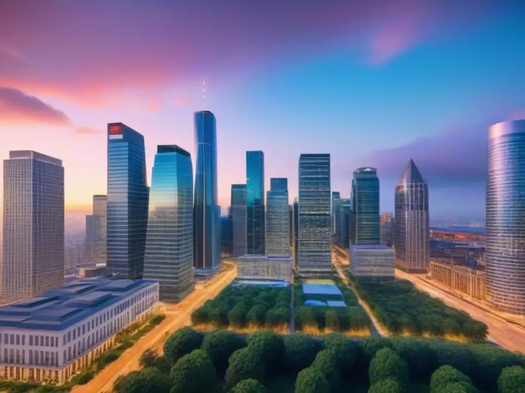 Skyline urbano vibrante: Estrategias M&A en bienes raíces Un skyline urbano vibrante al anochecer, reflejando el dinamismo del mercado inmobiliario
