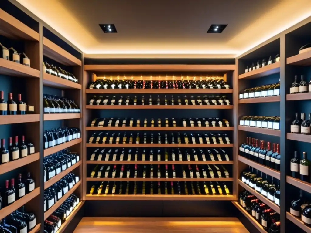 Sofisticada bodega de vinos internacionales: lujo y elegancia Explora la sofisticación de una bodega moderna con botellas de vino de todo el mundo
