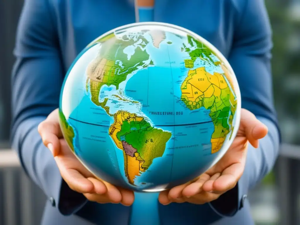 Conexiones globales: historia crediticia internacional Representación gráfica sofisticada de un globo terráqueo con líneas interconectadas, símbolos de monedas y tonos azules, verdes y plateados