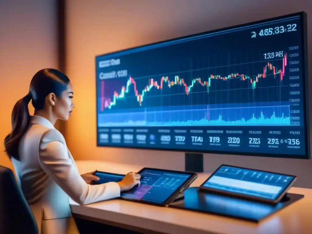 Monitoreo global de tasas de interés: tecnología avanzada en acción Sofisticada pantalla digital muestra tasas de interés en inversiones globales en un espacio de trabajo futurista