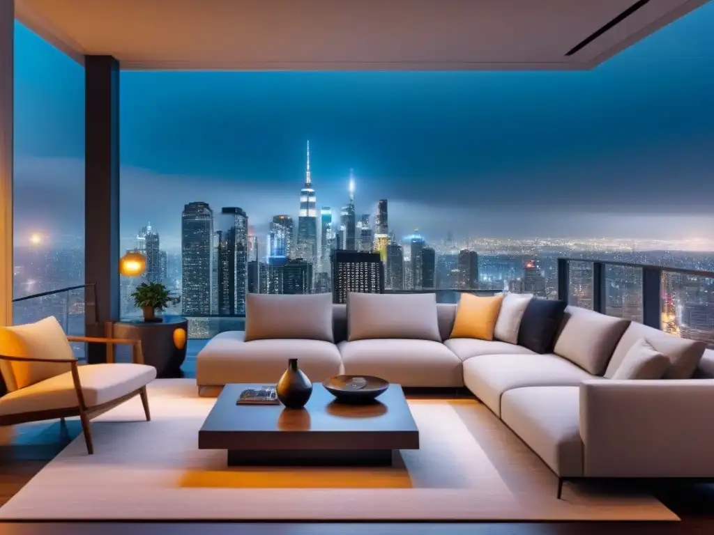 Salón de lujo en la metrópolis nocturna Sofisticada sala de estar en apartamento de lujo con vista a la ciudad nocturna