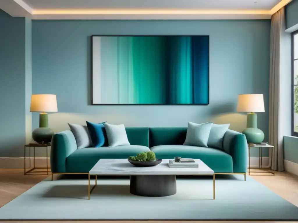 Sala moderna en tonos azules y verdes: diseño elegante y sereno Sofisticada sala de estar con colores relajantes para aumentar valor propiedad