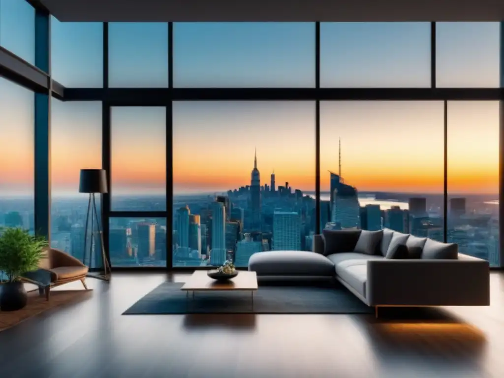 Salón moderno de lujo con vistas a la ciudad y toques naturales Sofisticada sala de estar moderna con vista a la ciudad, muebles elegantes y toques de vegetación