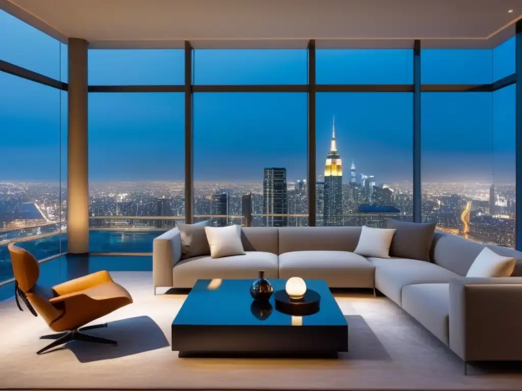 Salón de lujo en penthouse con vista nocturna de la ciudad Sofisticada sala de estar en penthouse de lujo con vista nocturna a la ciudad