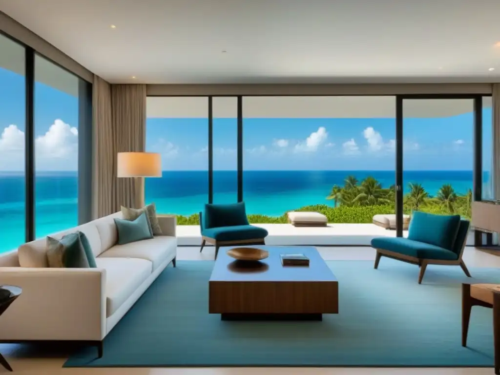 Salón de lujo en paraíso tropical Sofisticada sala de estar en propiedad de tiempo compartido de lujo, con decoración elegante y vista a paraíso tropical