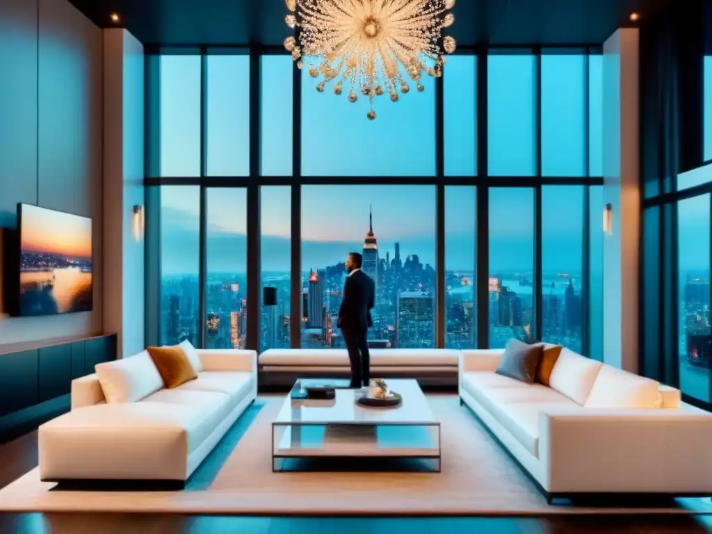 Salón de lujo con vista panorámica a la ciudad Sofisticada sala de estar con vista panorámica de ciudad, sofá blanco, mesa de mármol y arte contemporáneo