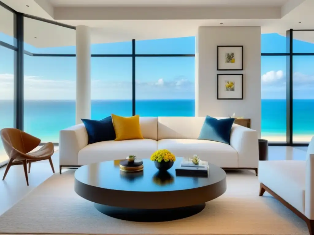 Salón moderno frente al mar: lujo y serenidad Sofisticada sala con vista a la playa, decoración moderna y luminosidad natural