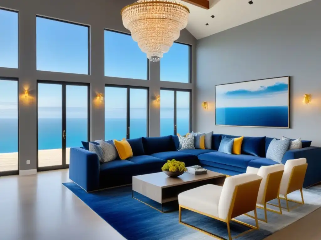 Sala de alquiler vacacional de lujo y moderna con vista al mar Sofisticada decoración alquiler vacacional mercado internacional, sala moderna con toques elegantes y vista al mar