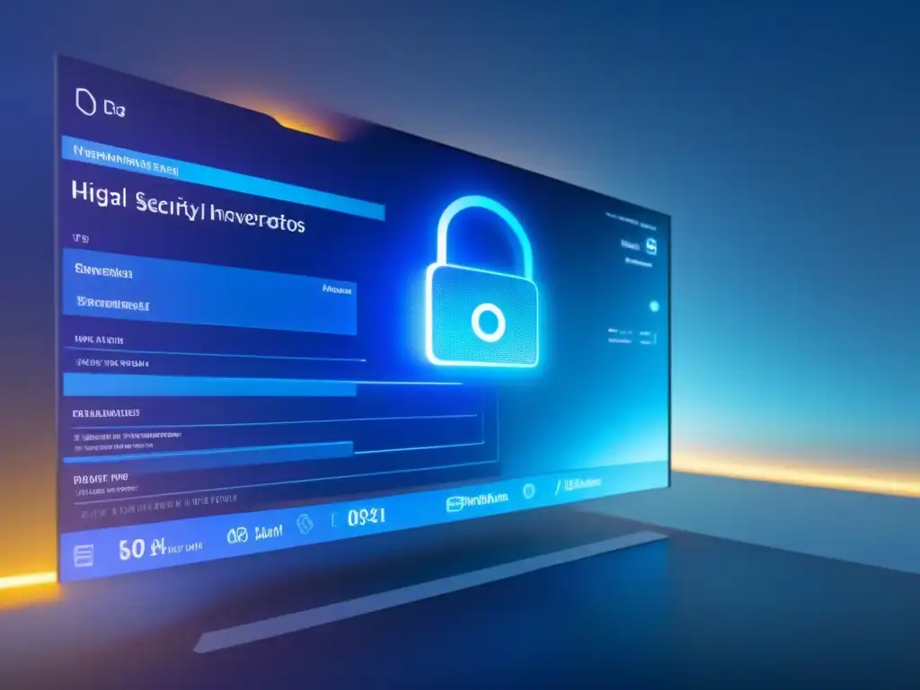 Un sofisticado interfaz digital muestra avanzadas medidas de seguridad ciberinmobiliaria para inversores, con patrones de encriptación y biometría