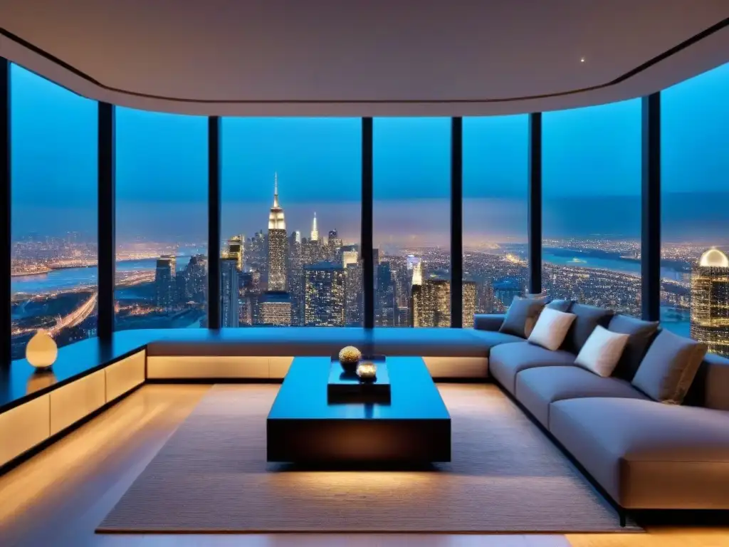 Sala de estar de lujo con vista panorámica al atardecer Sofisticado salón de lujo con vista panorámica de la ciudad al anochecer