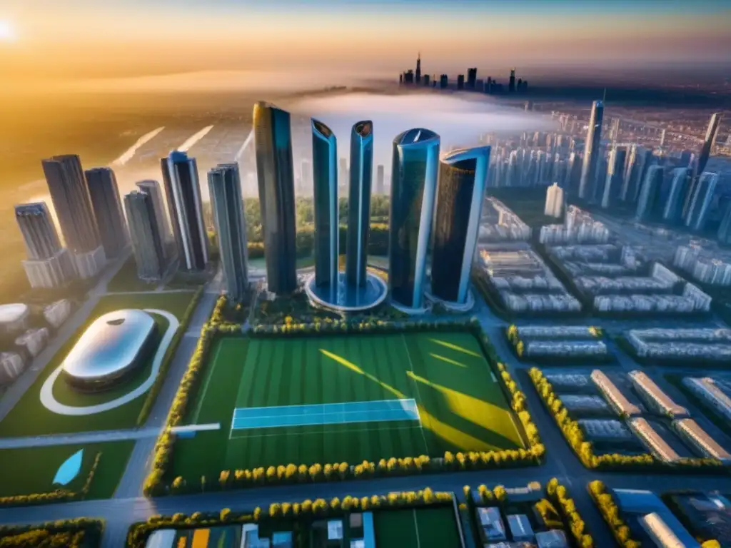 Horizonte urbano futurista: innovación en el mercado inmobiliario El sol se pone sobre una ciudad futurista con rascacielos elegantes y espacios verdes, reflejando las tendencias mercado inmobiliario internacional