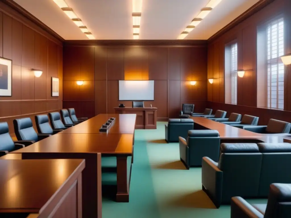 Sala de tribunal moderna y elegante con un ambiente legal y profesional Solemne sala de tribunal moderna con un estrado central y una gran maza de madera