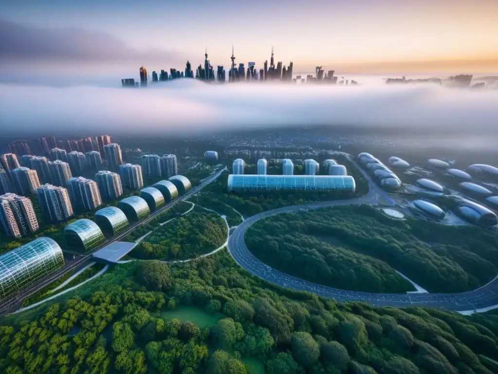 Metrópolis futurista: innovación y naturaleza en armonía urbana Soluciones residenciales innovadoras en una ciudad moderna, con edificios geométricos iluminados al anochecer