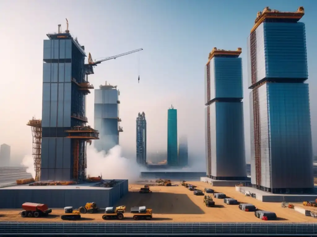 Construcción del futuro: Robótica y mano de obra unidas en armonía Sorprendente escena de construcción futurista con robots y trabajadores colaborando en la creación de un rascacielos