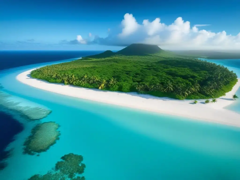 Paraíso caribeño: aguas cristalinas, arrecifes de coral y playas tropicales Inversión sostenible en el Caribe: Vista aérea impresionante de aguas turquesas cristalinas rodeando una isla tropical exuberante