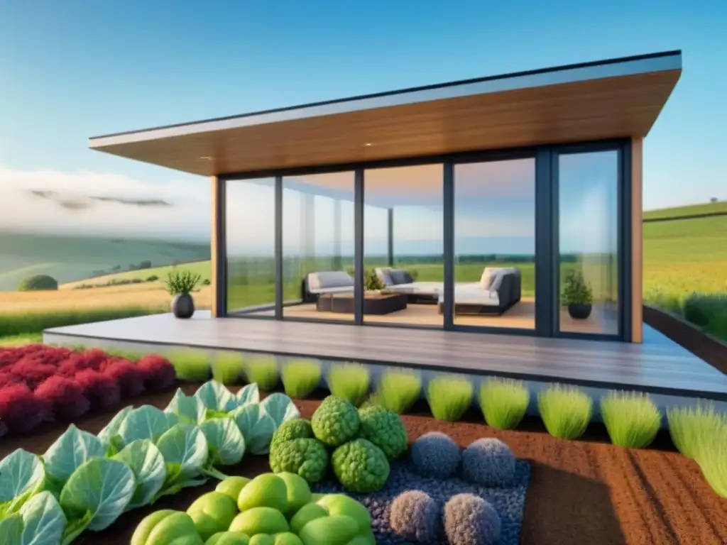 Microcasa sostenible en campo sereno: 8k de detalle Microhogar sostenible en armonía con la naturaleza en paisaje campestre sereno
