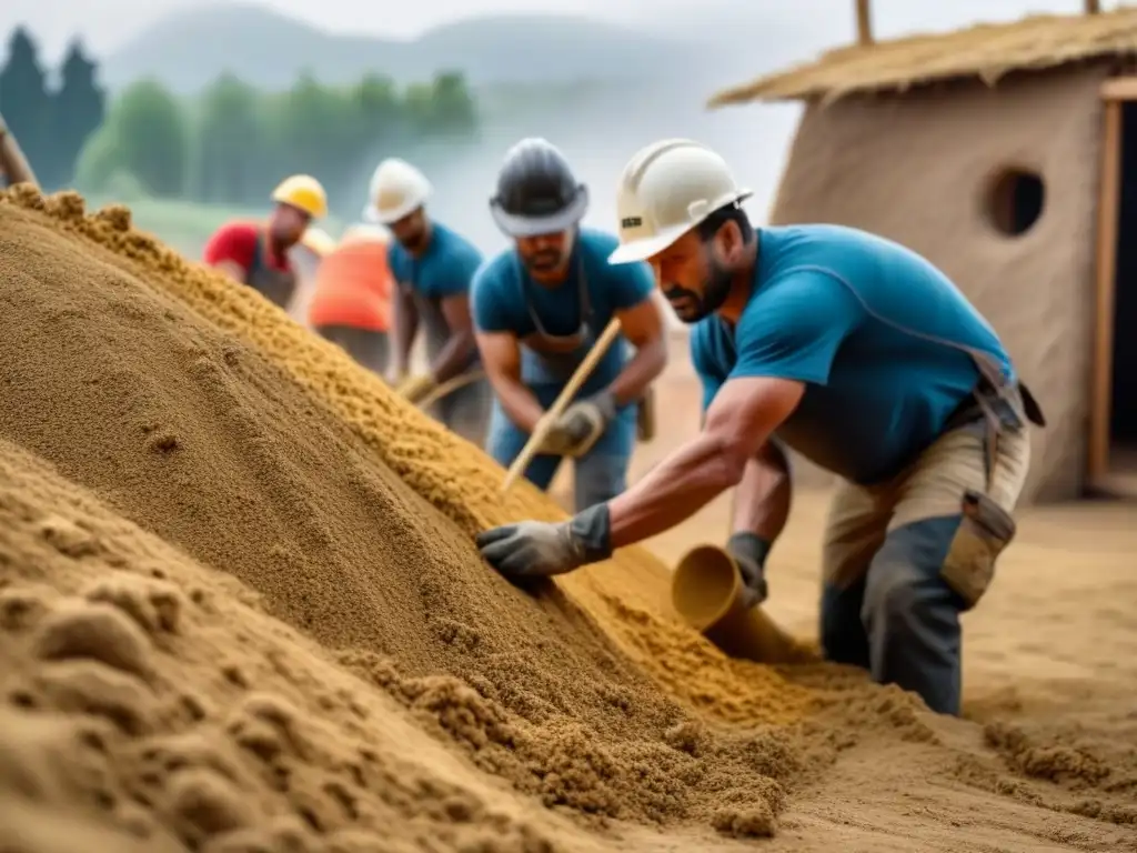 Construcción de casa de barro: Arte sostenible en acción Construcción sostenible con casas de cob: Equipo de constructores moldeando paredes de barro, arena y paja para crear hogar ecológico