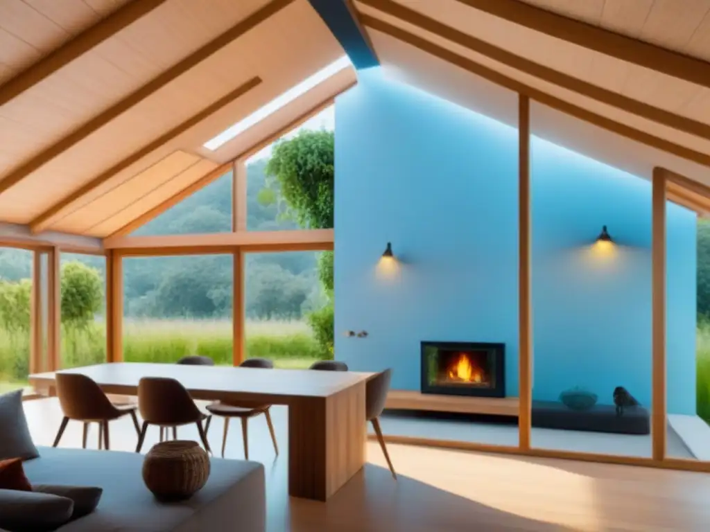 Casa de barro moderna y sostenible en paisaje verde Construcción sostenible con casas de cob en paisaje verde y cielo azul, fusionando técnicas ancestrales y arquitectura moderna