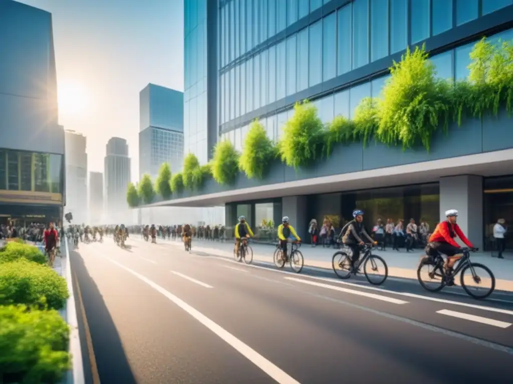 Planificación sostenible en la ciudad: edificios verdes, paneles solares y turbinas eólicas integrados en el paisaje urbano vibrante y ecológico