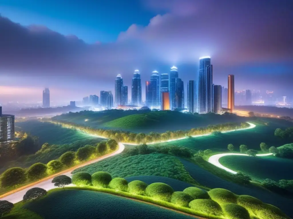 Metrópolis futurista: luces neón y naturaleza en armonía Invertir en urbanización sostenible: Ciudad futurista con rascacielos iluminados y un parque verde al anochecer