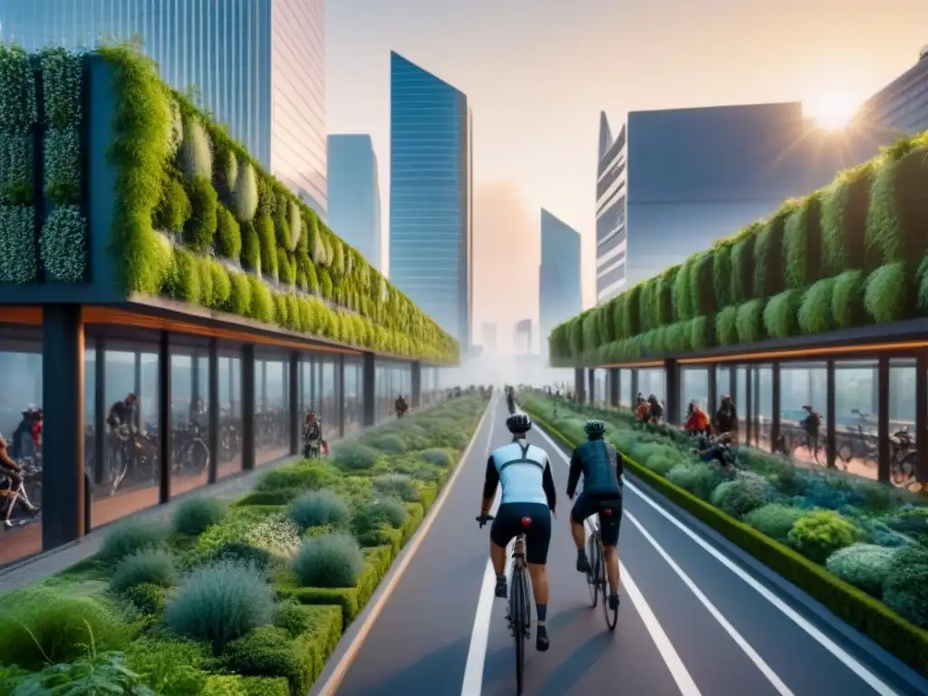 Visión urbana sostenible: armonía entre ciudad y naturaleza Invertir en urbanización sostenible: Ciudad moderna con espacios verdes, paneles solares, transporte público eficiente y ciclistas