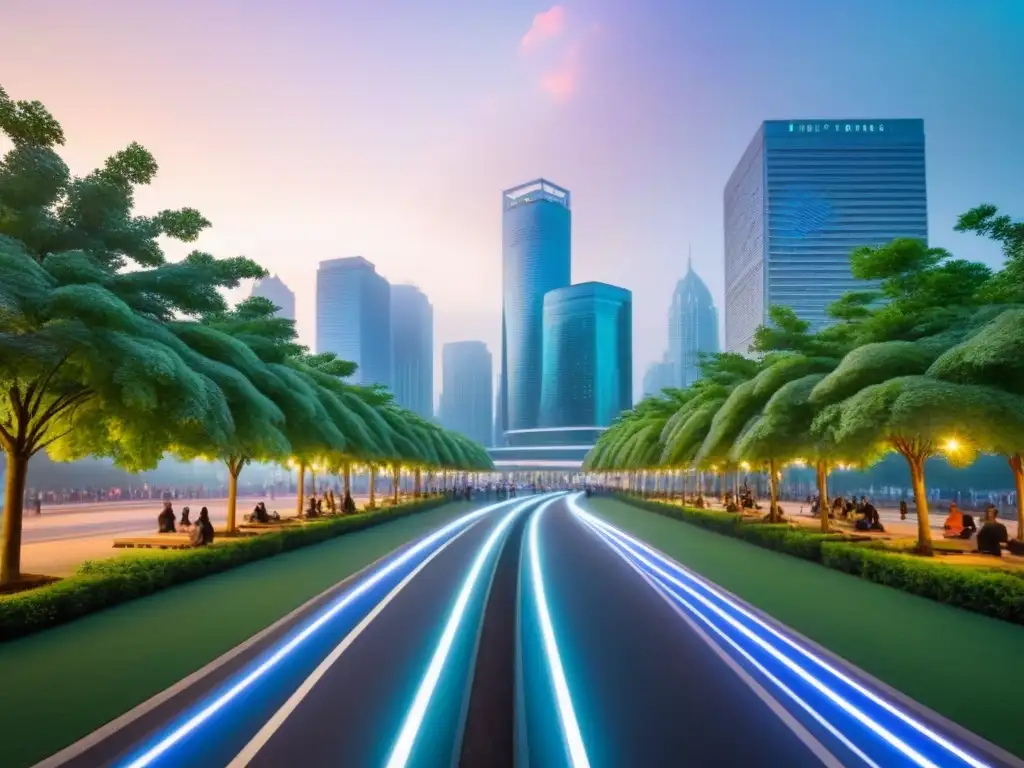 Ciudad sostenible: armonía entre naturaleza y tecnología Invertir en urbanización sostenible: Ciudad moderna con naturaleza y tecnología en armonía al anochecer