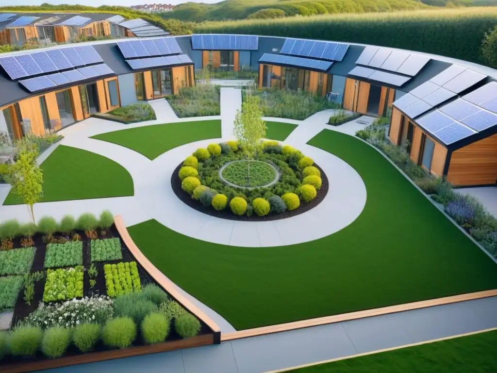 Comunidad de cohousing sostenible: integración, diseño y convivencia Cohousing: comunidad sostenible con diseño moderno, paneles solares, jardines comunitarios y residentes interactuando